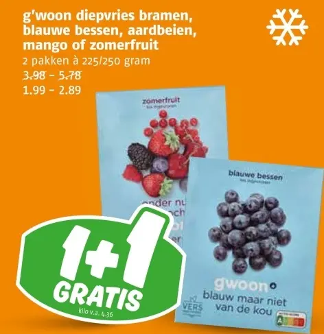 Aanbieding: Diepvries bramen, blauwe bessen, aardbeien, mango of zomerfruit