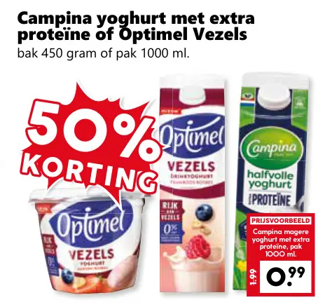 Aanbieding: Campina yoghurt met extra proteïne of Optimel Vezels