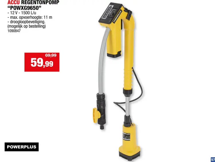 Promotie: Powerplus regentonpomp 12V - incl. 1 batterij en lader