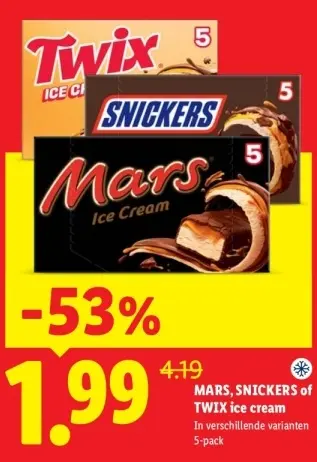 Aanbieding: Mars, Snickers of Twix ice cream