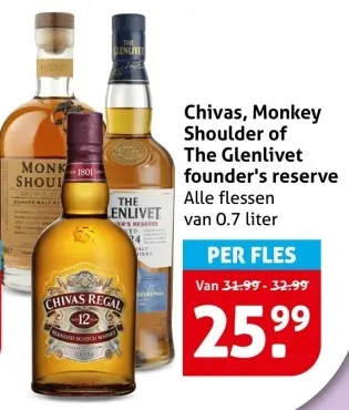 Aanbieding: Chivas, Monkey Shoulder of The Glenlivet founder's reserve