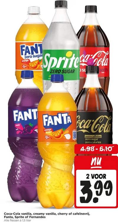 Aanbieding: Coca-Cola vanilla, creamy vanilla, cherry of cafeïnevrij, Fanta, Sprite of Fernandes