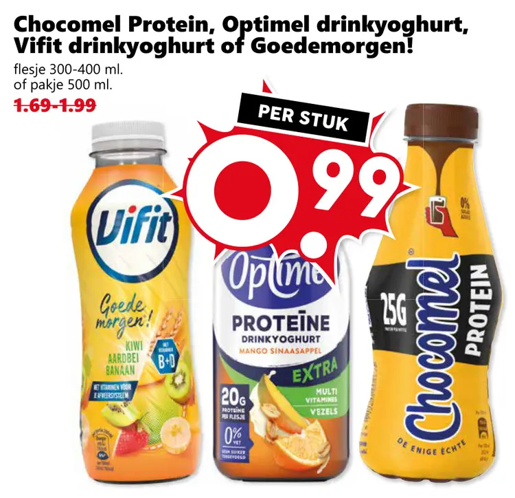 Aanbieding: Chocomel Protein, Optimel drinkyoghurt, Vifit drinkyoghurt of Goedemorgen!