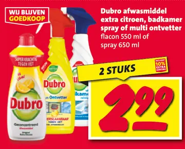 Aanbieding: Dubro afwasmiddel extra citroen, badkamer spray of multi ontvetter