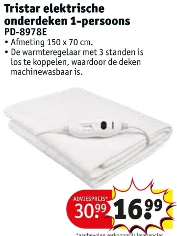 Promotie: Tristar elektrische onderdeken 1-persoons