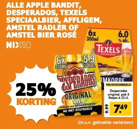 Aanbieding: Alle Apple Bandit, Desperados, Texels speciaalbier, Affligem, Amstel Radler of Amstel Bier Rosé