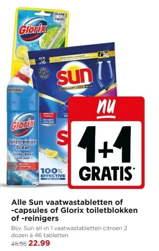 Aanbieding: Sun vaatwastabletten of -capsules of Glorix toiletblokken of -reinigers