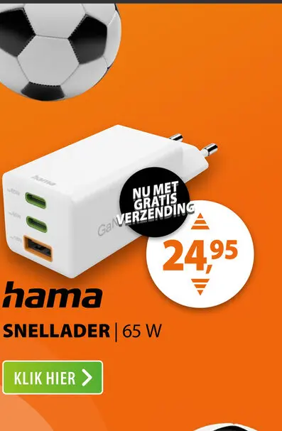 Aanbieding: Hama Fast Charger 2x USB-C PD 1x USB-A QC Mini-Charger 65 W Wit