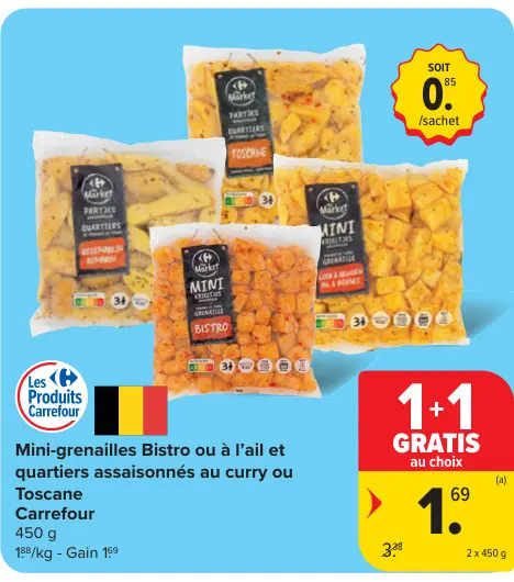Offre: Mini-grenailles Bistro ou à l'ail et quartiers assaisonnés au curry ou Toscane