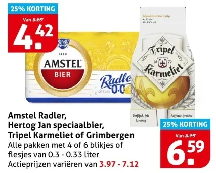 Aanbieding: Amstel Radler, Hertog Jan speciaalbier, Tripel Karmeliet of Grimbergen