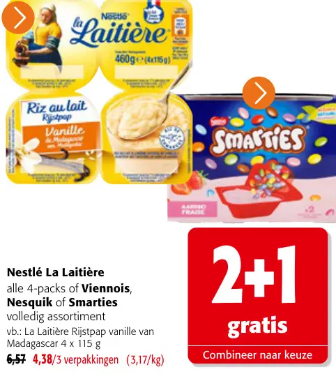 Promotie: La Laitière alle 4-packs of Viennois, Nesquik of Smarties