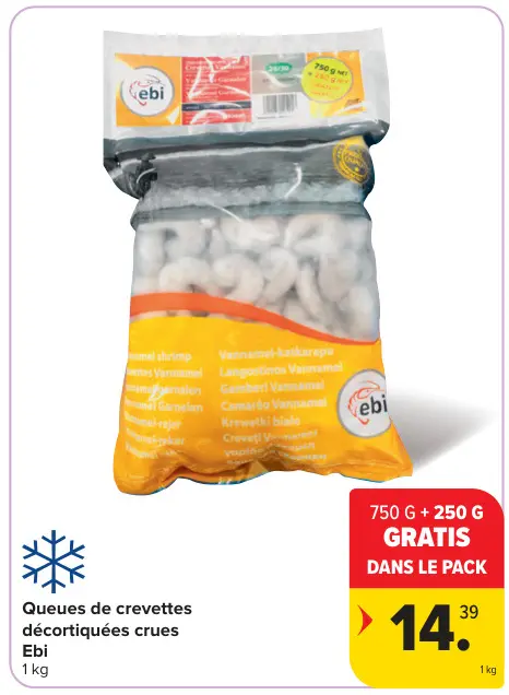 Offre: Queues de crevettes décortiquées crues Ebi