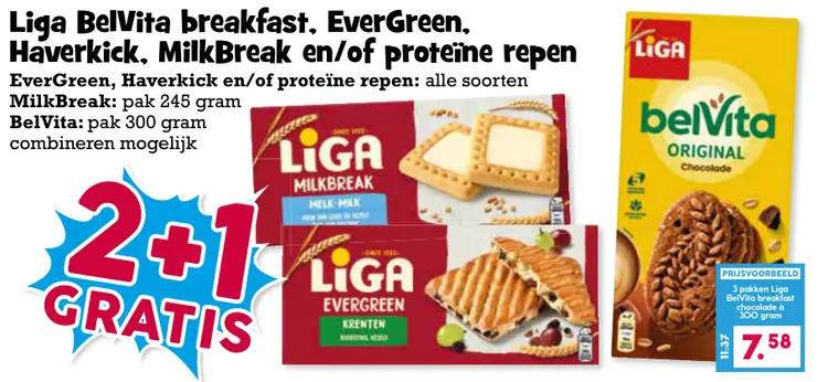 Aanbieding: BelVita breakfast, EverGreen, Haverkick, MilkBreak en/of proteïne repen