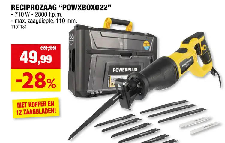 Promotie: Powerplus POWXBOX022 reciprozaag 710W + 12 accessoires