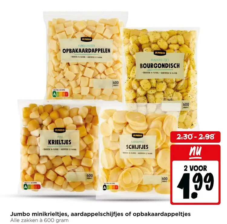 Aanbieding: Jumbo minikrieltjes, aardappelschijfjes of opbakaardappeltjes