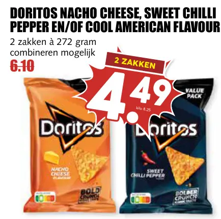 Aanbieding: Doritos nacho cheese, sweet chilli pepper en/of cool american flavour