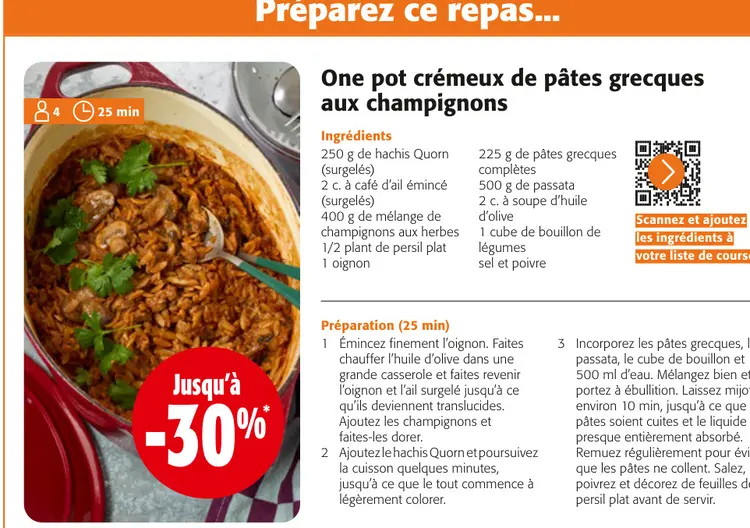 Offre: One pot crémeux de pâtes grecques aux champig