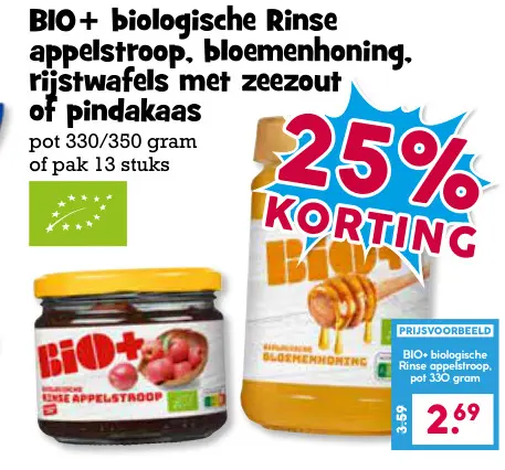 Aanbieding: BIO+ biologische Rinse appelstroop, bloemenhoning, rijstwafels met zeezout of pindakaas