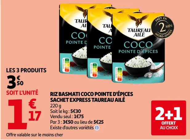 Offre: Riz basmati coco pointe d'épices sachet express taureau ailé
