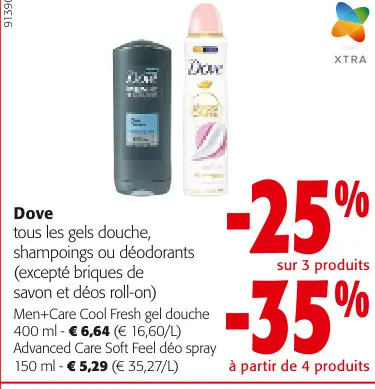 Offre: Dove tous les gels douche, shampoings ou déodorants
