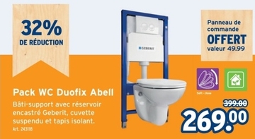 Offre: Pack WC Duofix Abell Bâti - support avec réservoir encastré Geberit , cuvette suspendu et tapis isolant .