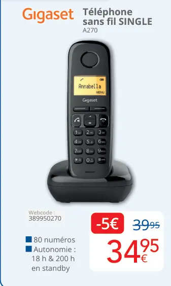 Offre: Téléphone sans fil SINGLE A270