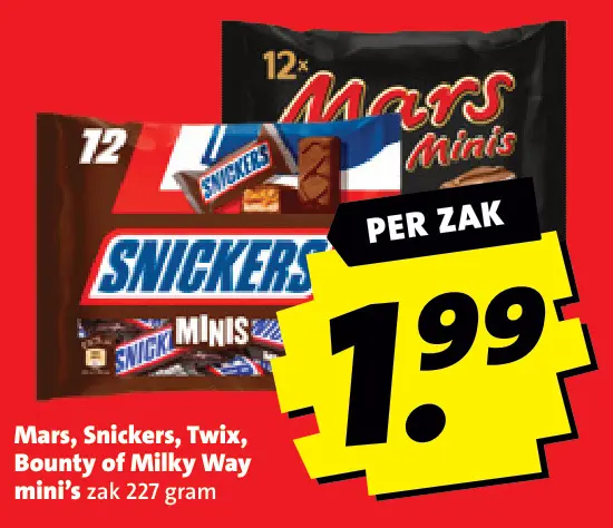 Aanbieding: Mars, Snickers, Twix, Bounty of Milky Way mini's