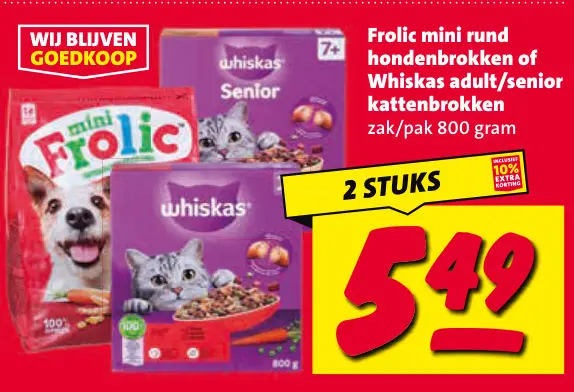 Aanbieding: Frolic mini rund hondenbrokken of Whiskas adult/senior kattenbrokken