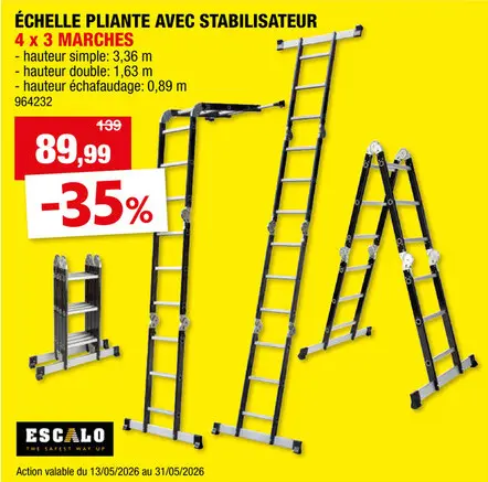 Offre: Escalo échelle pliante avec stabilisateur 4x3 échelons