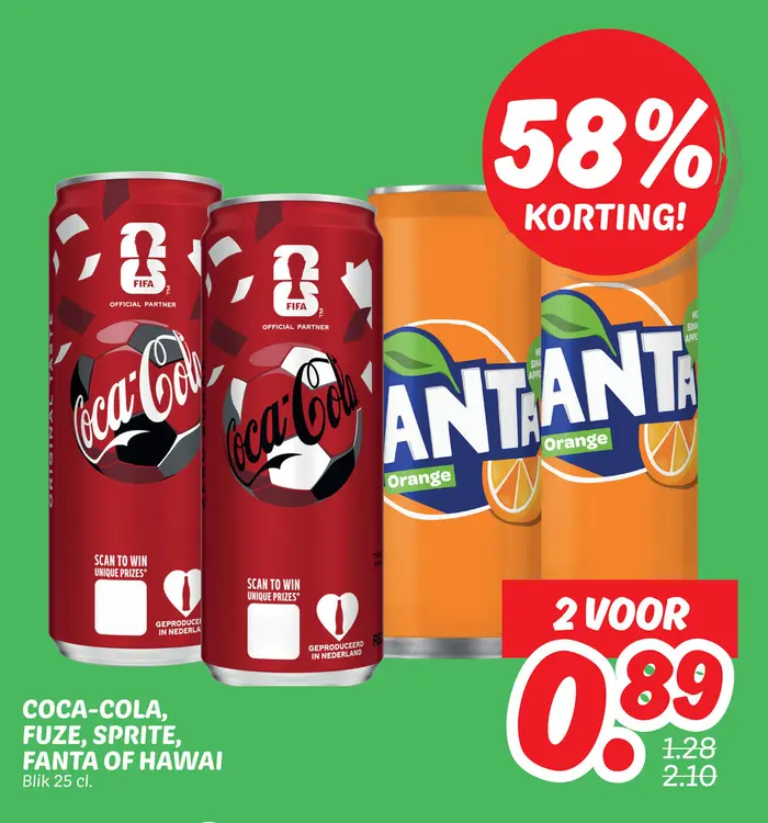 Aanbieding: Coca-Cola, Fuze, Sprite, Fanta of Hawai
