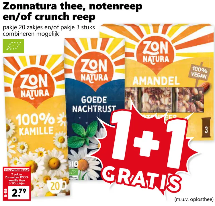 Aanbieding: Zonnatura thee, notenreep en/of crunch reep