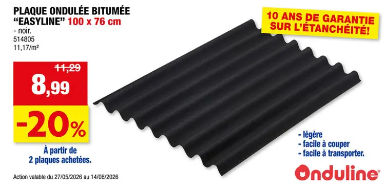 Offre: Onduline Easyline plaque ondulée 100x76 cm 2,6mm noir