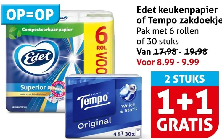 Aanbieding: Edet keukenpapier of Tempo zakjedoekjes