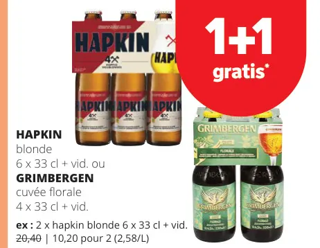Offre: Hapkin blonde ou Grimbergen cuvée florale