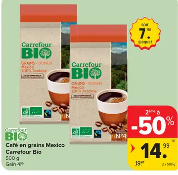 Offre: Café en grains Mexico Carrefour Bio