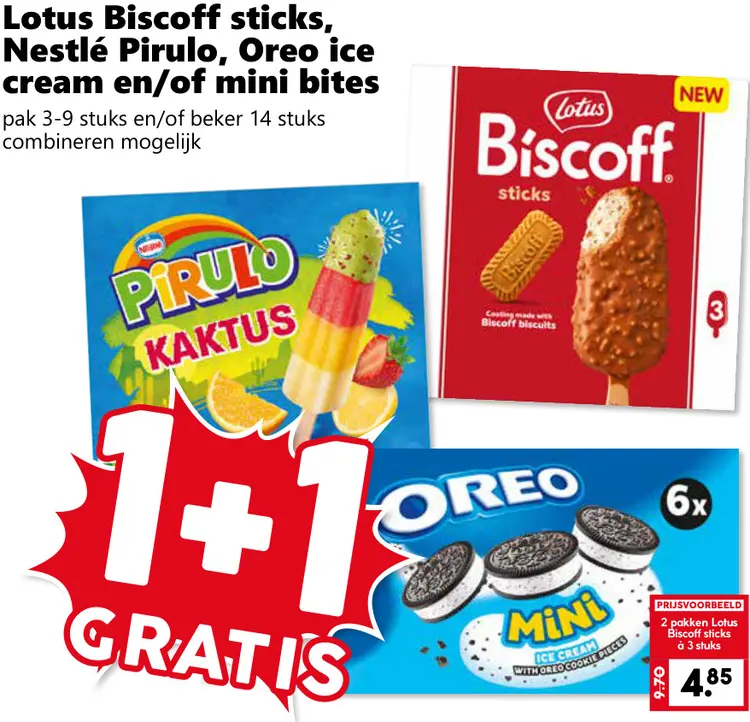 Aanbieding: Biscoff sticks, Pirulo, Oreo ice cream en/of mini bites