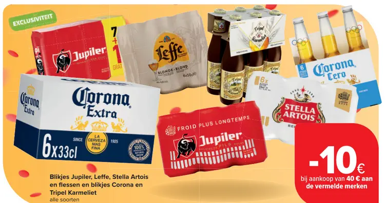 Promotie: Blikjes Jupiler, Leffe, Stella Artois en flessen en blikjes Corona en Tripel Karmeliet