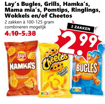 Aanbieding: Bugles, Grills, Hamka's, Mama mia's, Pomtips, Ringlings, Wokkels en/of Cheetos