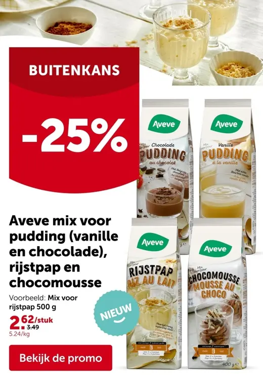 Promotie: Aveve mix voor pudding (vanille en chocolade), rijstpap en chocomousse
