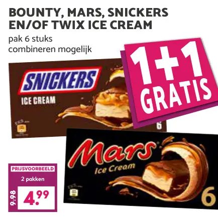 Aanbieding: Bounty, Mars, Snickers en/of Twix ice cream
