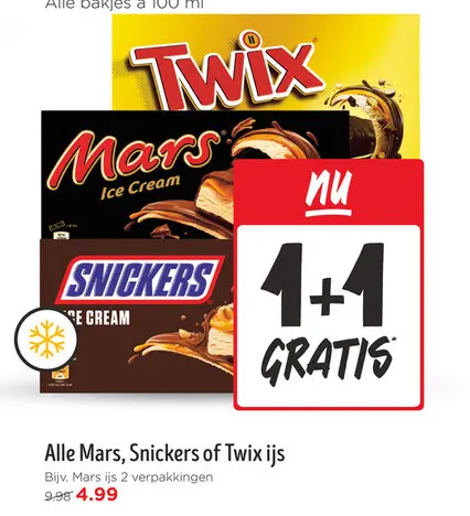 Aanbieding: Mars, Snickers of Twix ijs