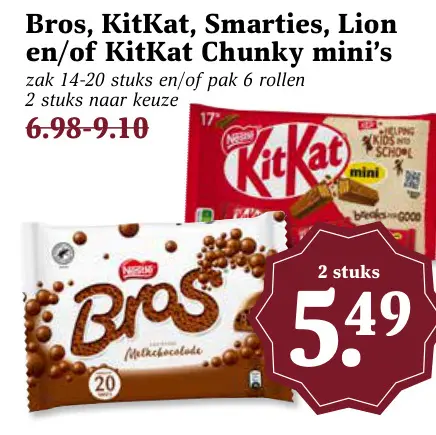 Aanbieding: Bros, KitKat, Smarties, Lion en/of KitKat Chunky mini's