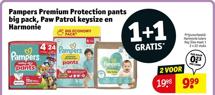 Aanbieding: Pampers Premium Protection pants big pack, Paw Patrol keysize en Harmonie