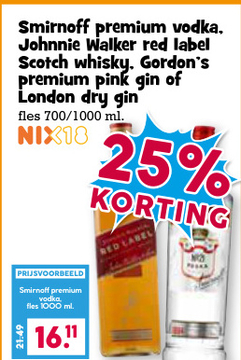 Aanbieding: Smirnoff premium vodka, Johnnie Walker red label Scotch Whisky, Gordon's premium pink gin of London dry gin