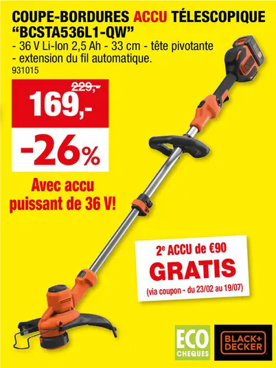 Offre: BCSTA536L1-QW coupe-bordures sans fil 36V Li-Ion 33cm