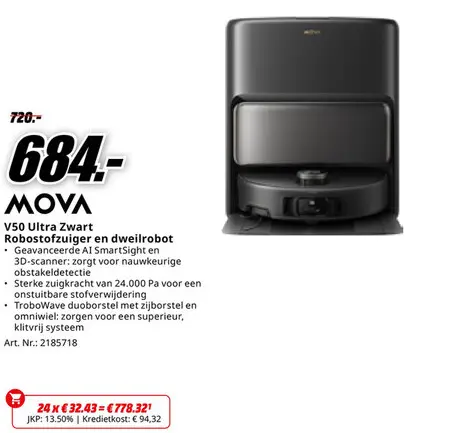 Promotie: MOVA V50 Ultra Zwart Robostofzuiger en dweilrobot