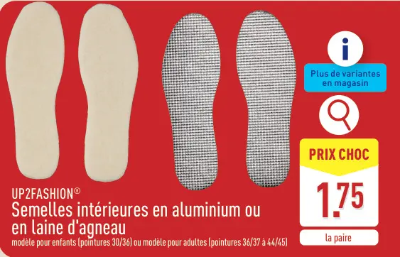 Offre: Semelles intérieures en aluminium ou en laine