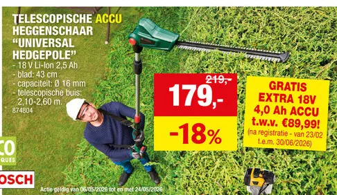 Promotie: Bosch UniversalHedgePole accu heggenschaar 18V Li-Ion 43cm