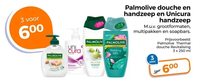 Aanbieding: Palmolive douche en handzeep en Unicura handzeep