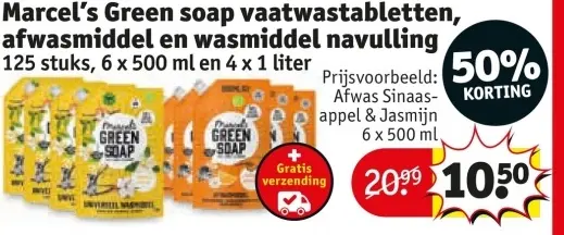 Aanbieding: Marcel's Green soap vaatwastabletten, afwasmiddel en wasmiddel navulling